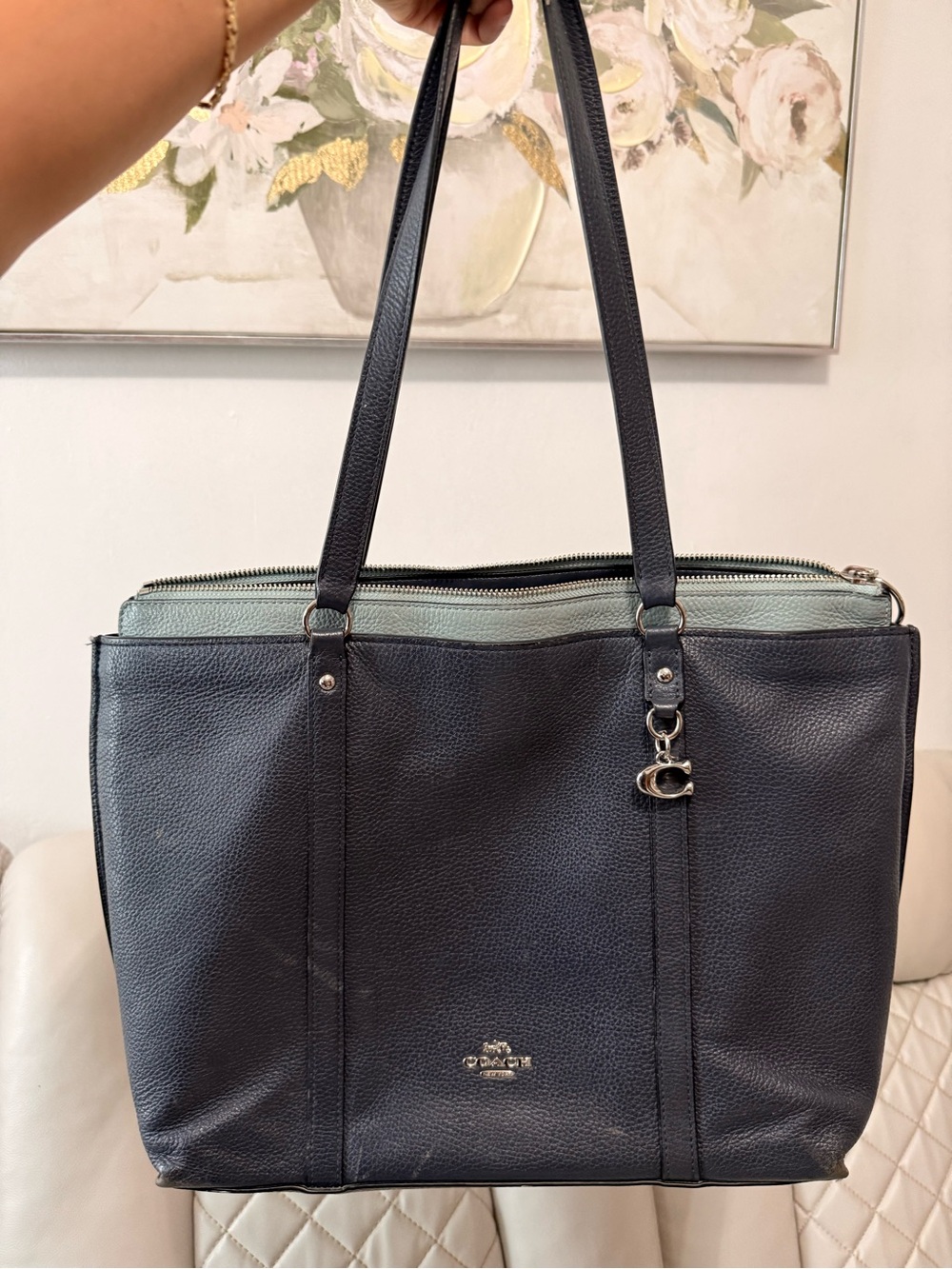 Coach Black Leather Tote with Mint Accent